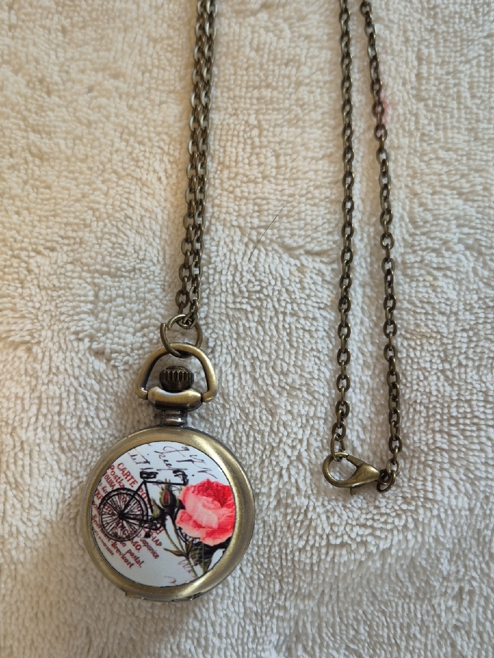 Vintage Style Locket Necklace with Watch Clock Floral Bicycle Design Pendant - Picture 5 of 6